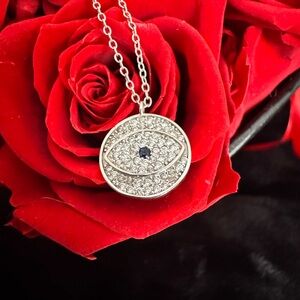 Evil Eye Pendant Necklace with stationed bezel set Crystals on chain stamped 925